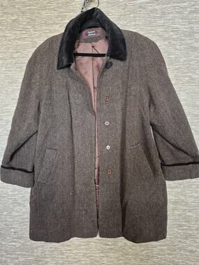 Stephanie Mathews Coat Womens Sz 16 Brown Wool Herringbone Tweed Dressy Overcoat